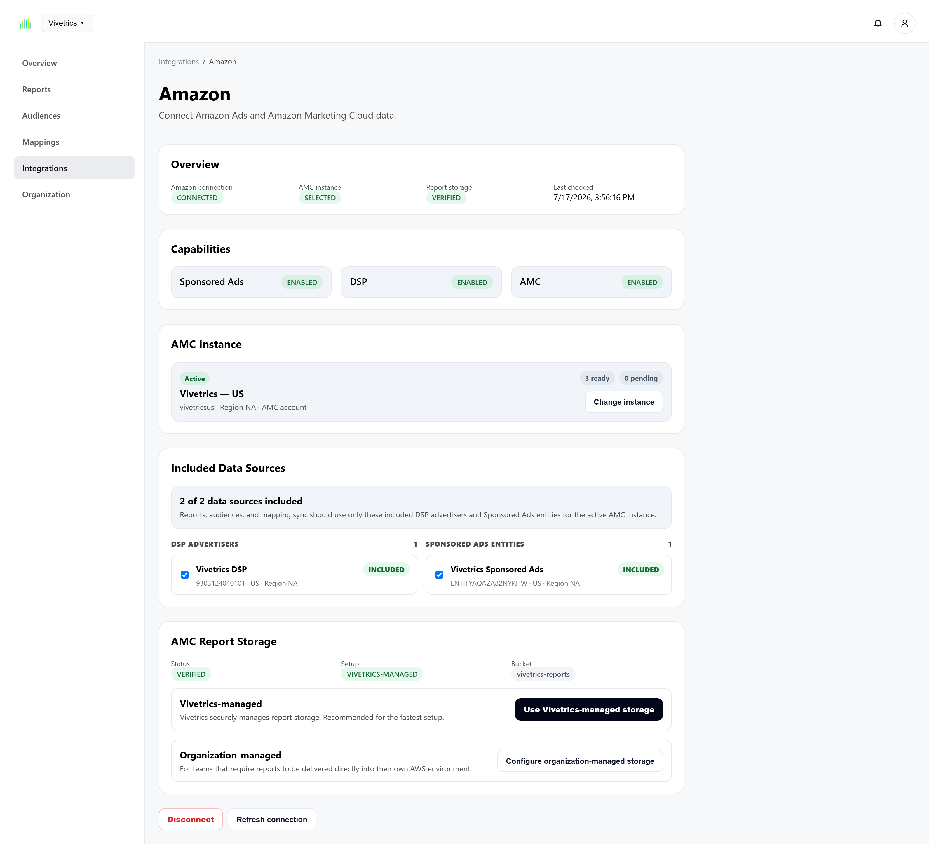 Vivetrics Amazon integration showing connection status, AMC instance, included data sources, and report storage.
