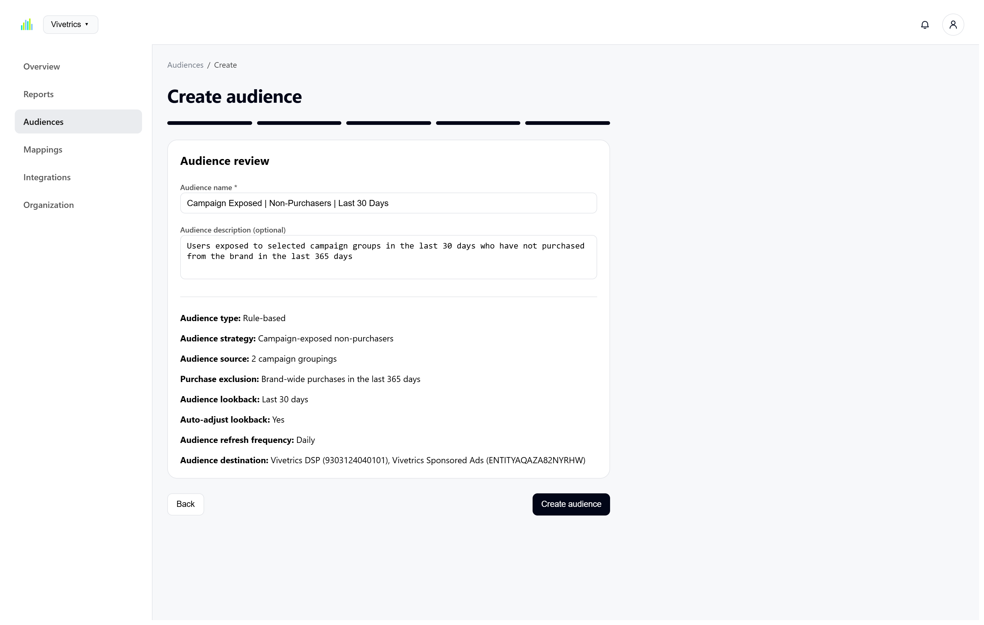 Vivetrics audience review showing the completed audience strategy, lookback, exclusions, refresh frequency, and destinations.