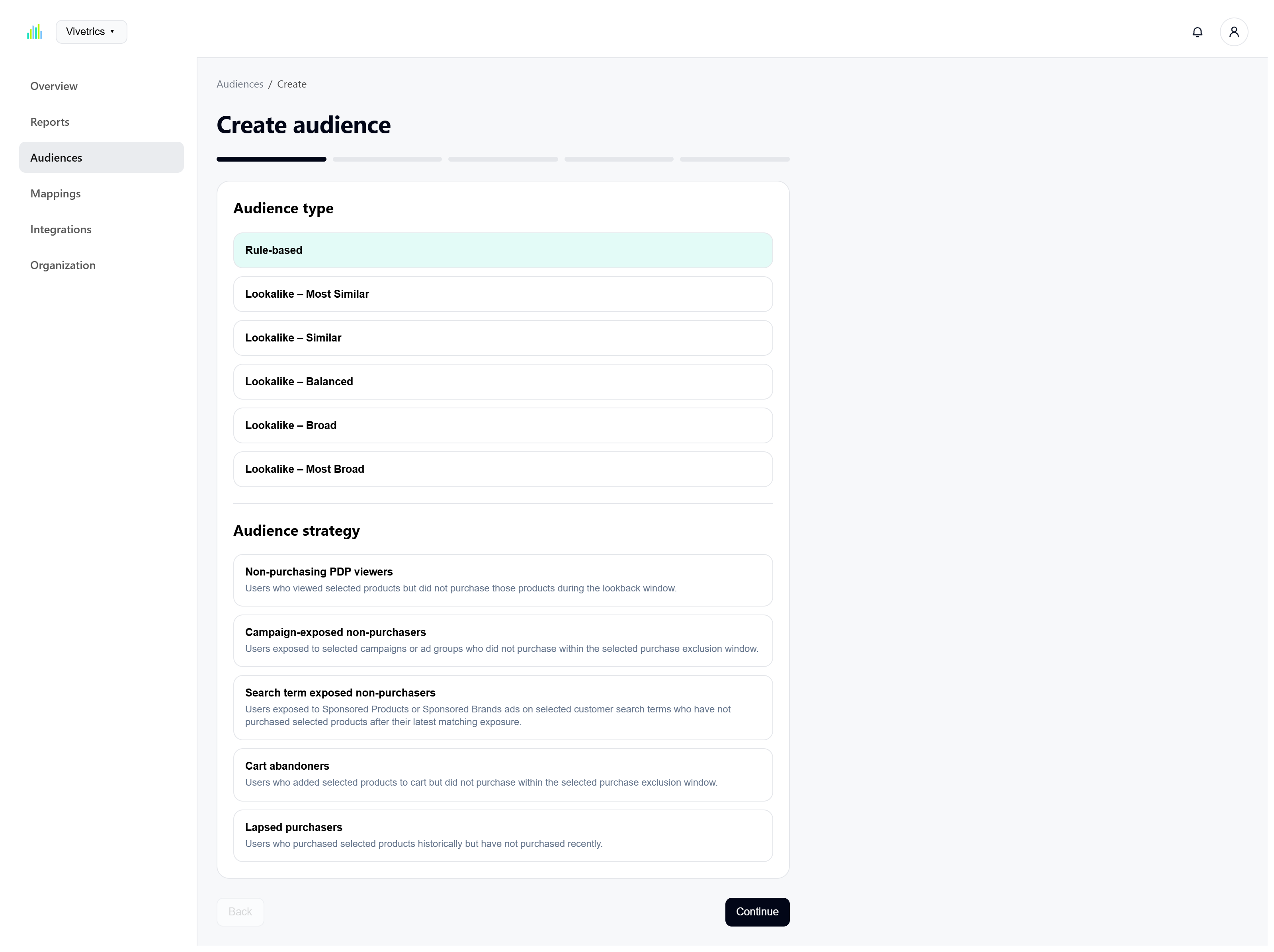 Vivetrics audience creation showing supported audience types and strategies.
